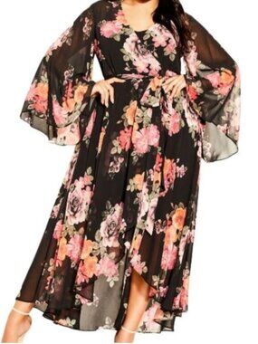 City Chic Chiffon Maxi Wrap Dress in Baroque Floral Wedding Guest Women's 22 NWT